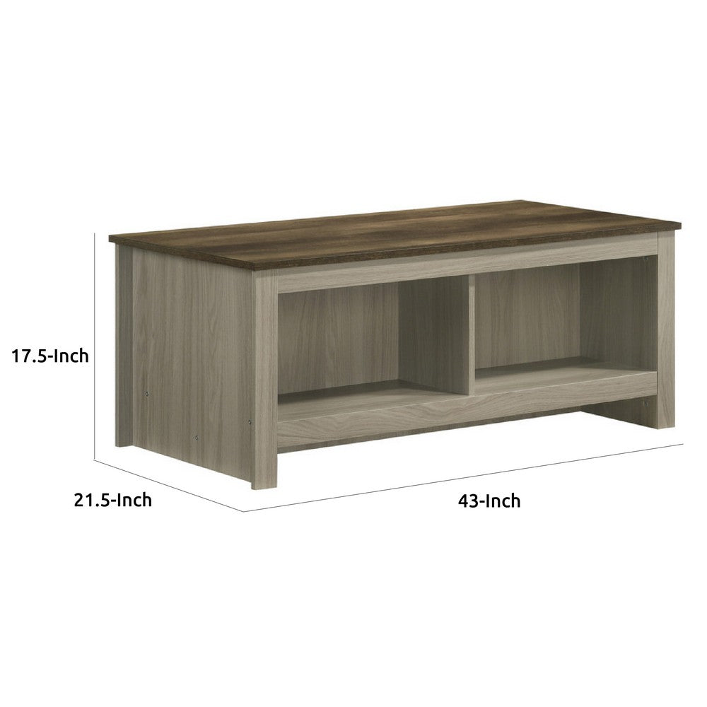 Benjara Nena Coffee Table with Open Shelves, Brown Wood Top, Oak Gray 43 Inch