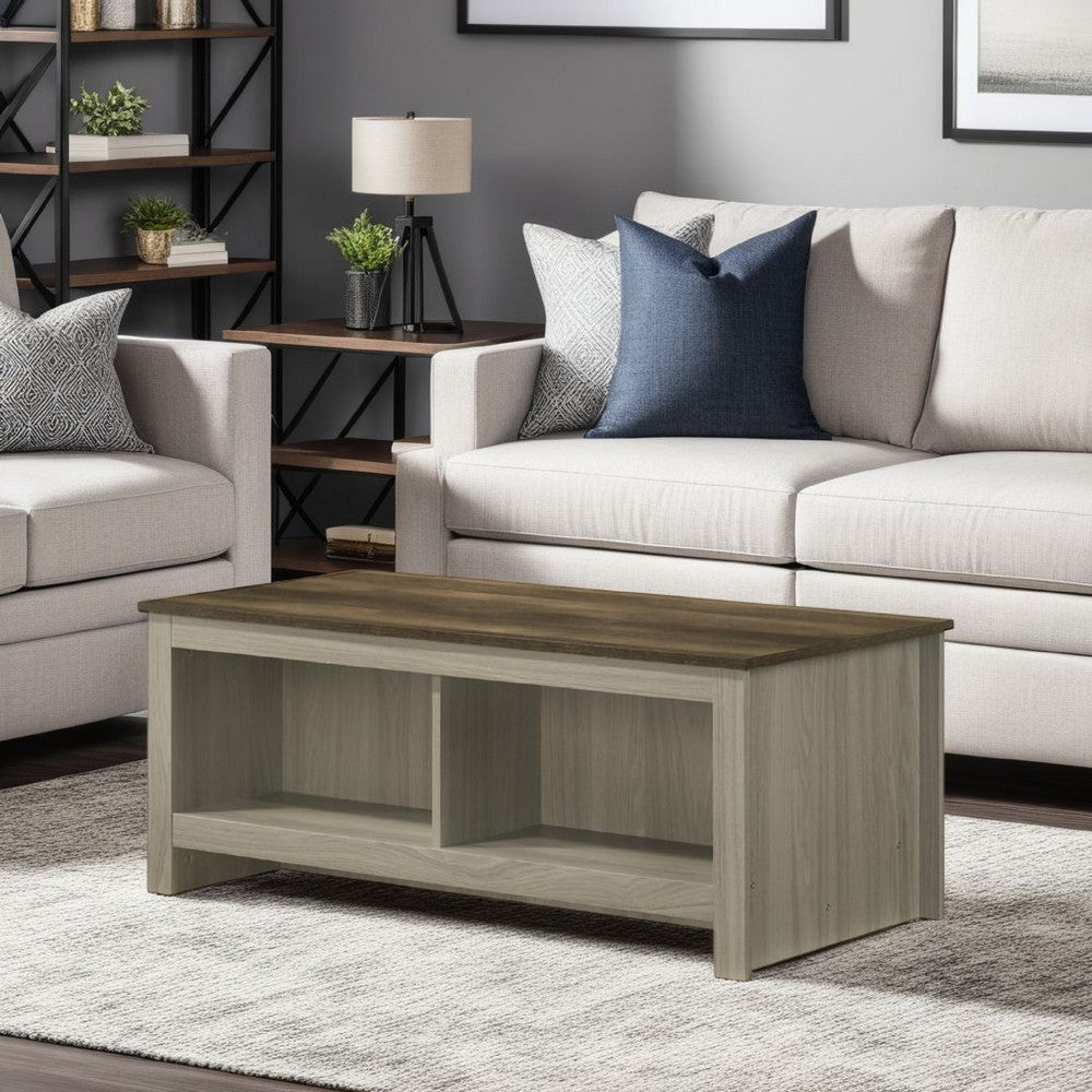 Benjara Nena Coffee Table with Open Shelves, Brown Wood Top, Oak Gray 43 Inch