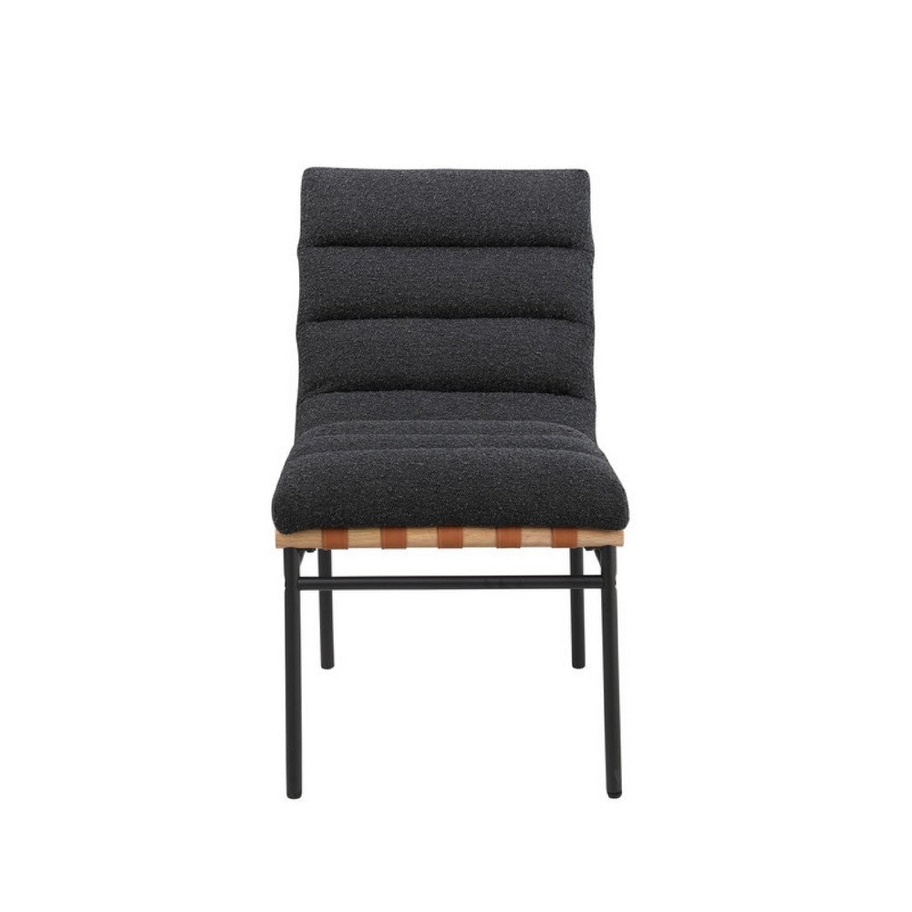 Benjara Kive Dining Chair Set of 2, Iron Legs, Black Channel Tufted Boucle