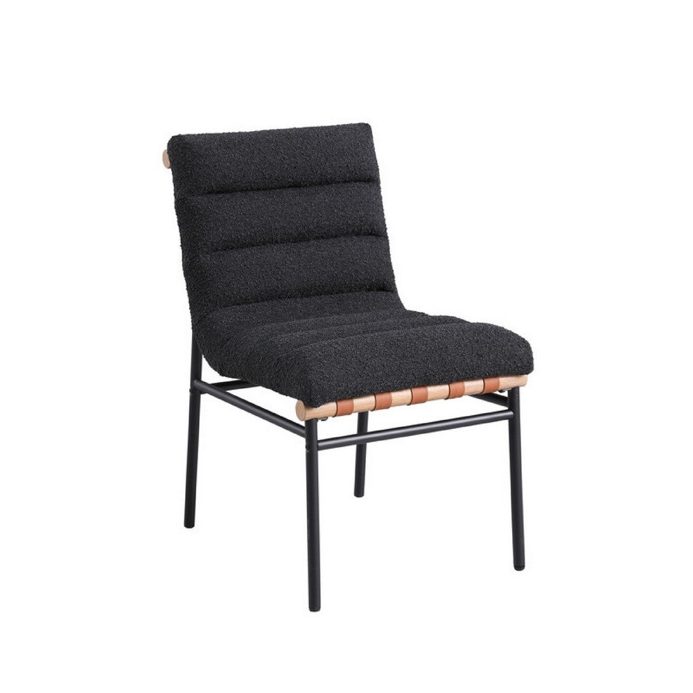 Benjara Kive Dining Chair Set of 2, Iron Legs, Black Channel Tufted Boucle