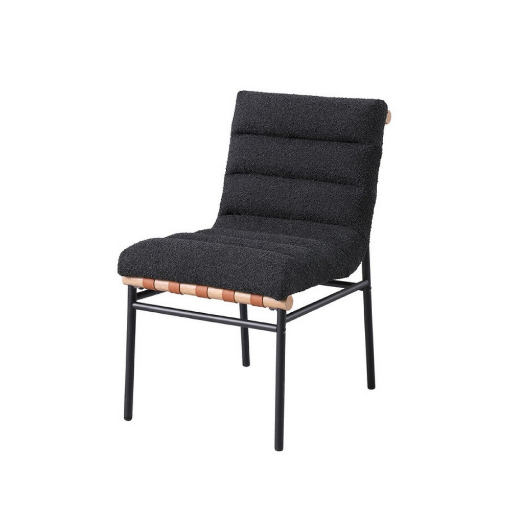 Benjara Kive Dining Chair Set of 2, Iron Legs, Black Channel Tufted Boucle