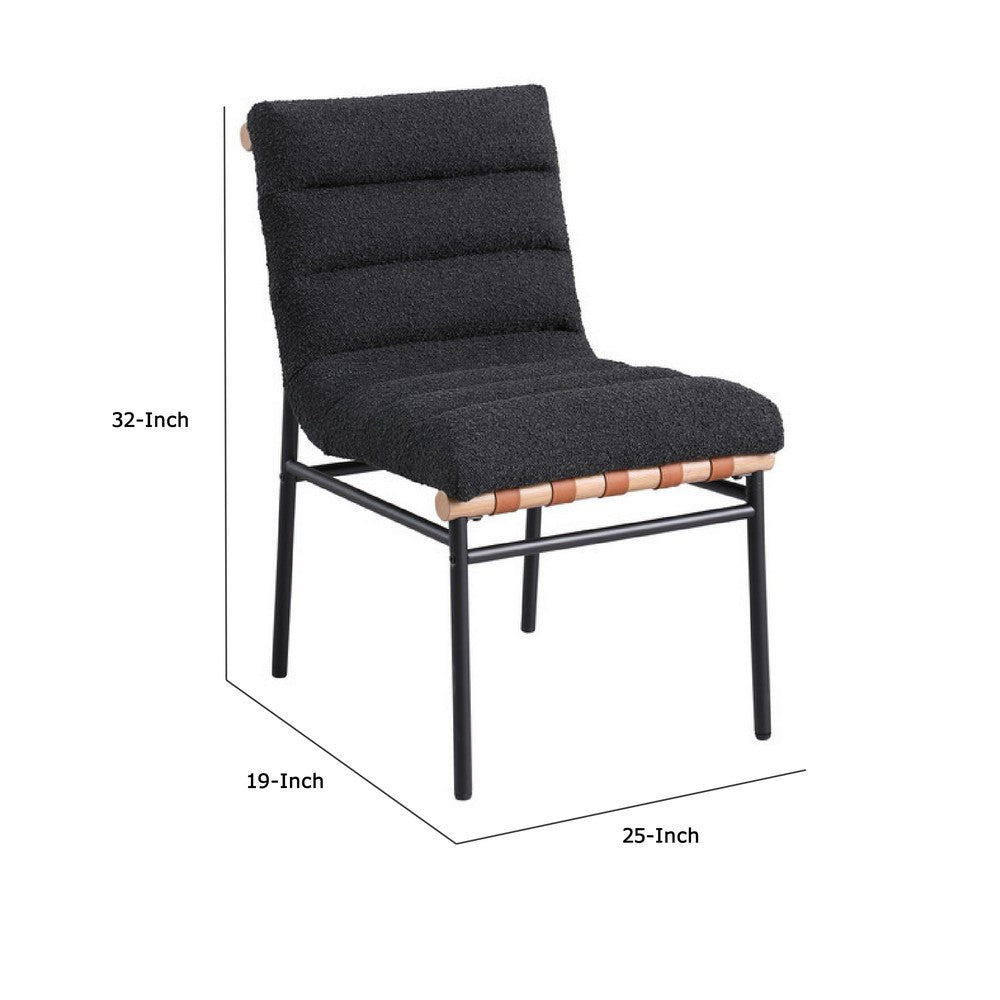 Benjara Kive Dining Chair Set of 2, Iron Legs, Black Channel Tufted Boucle