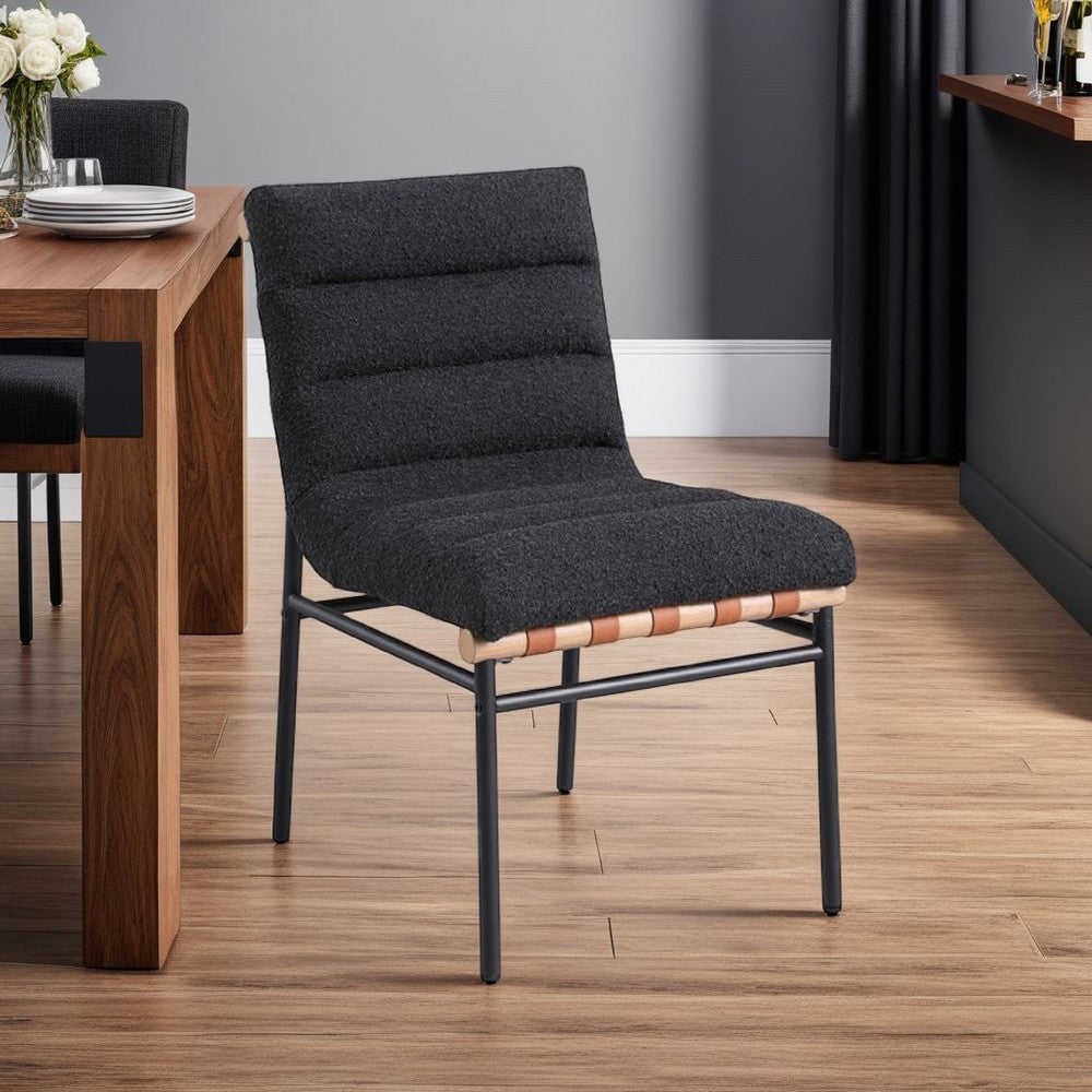 Benjara Kive Dining Chair Set of 2, Iron Legs, Black Channel Tufted Boucle