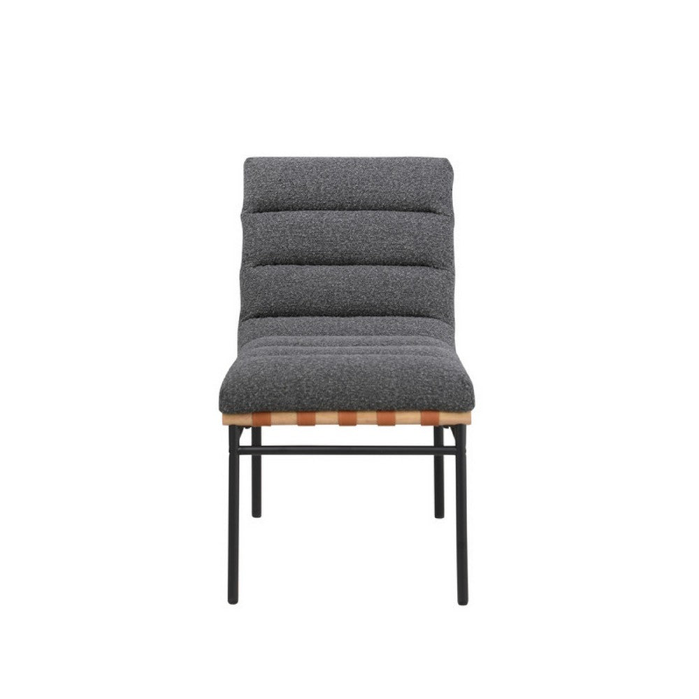 Benjara Kive Dining Chair Set of 2, Black Iron Legs, Gray Channel Tuft Boucle
