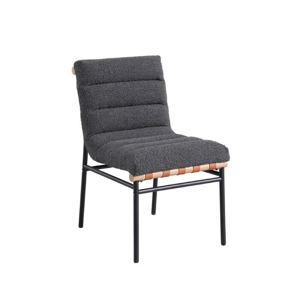Benjara Kive Dining Chair Set of 2, Black Iron Legs, Gray Channel Tuft Boucle