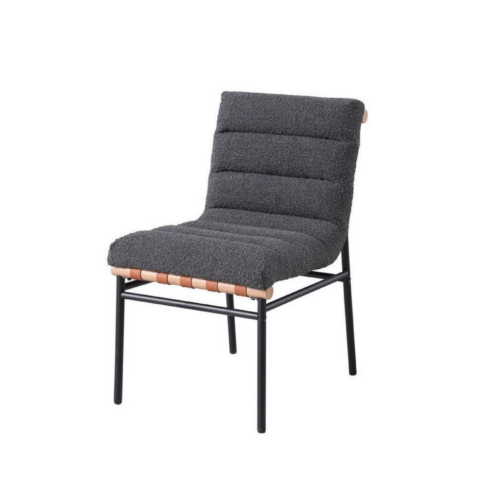 Benjara Kive Dining Chair Set of 2, Black Iron Legs, Gray Channel Tuft Boucle