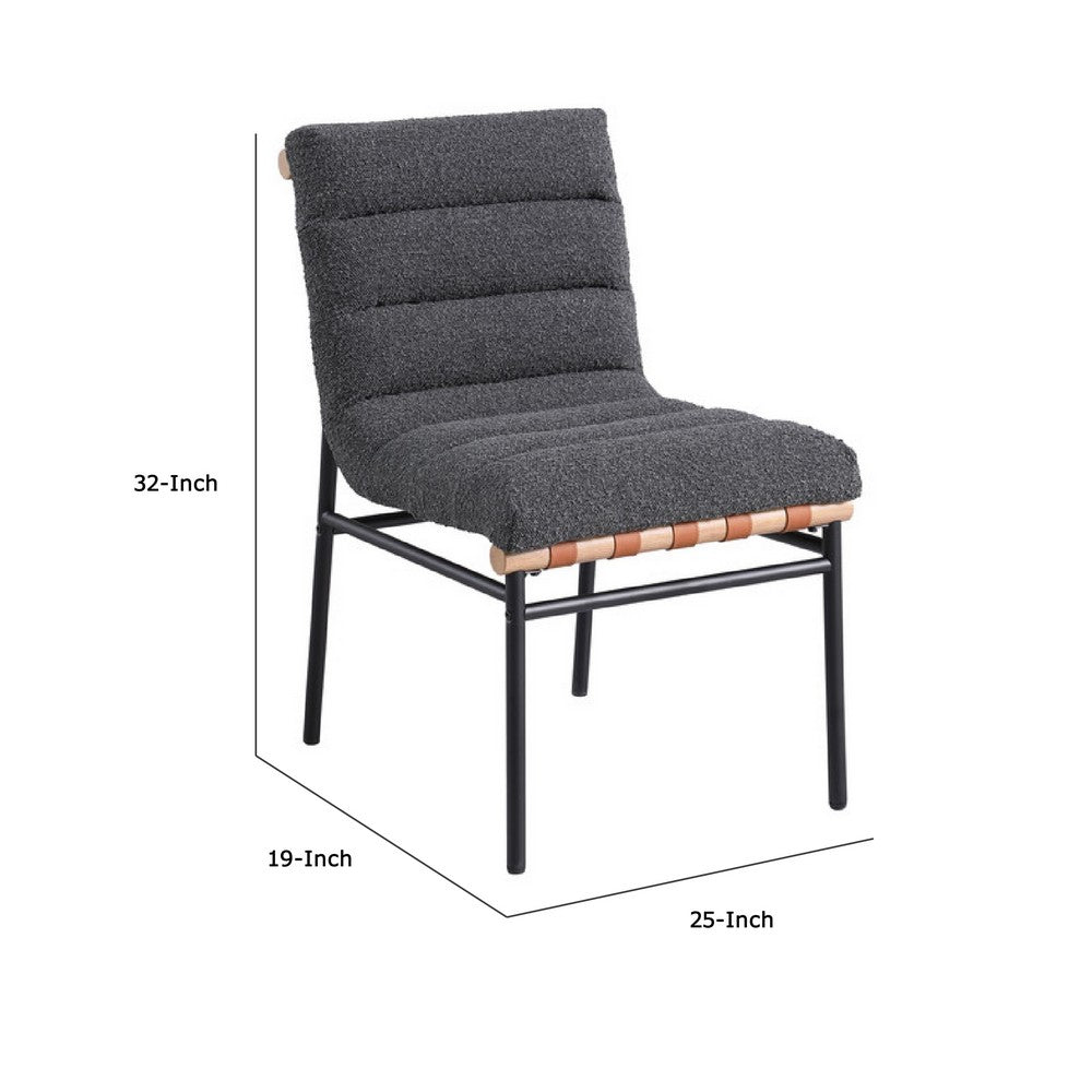 Benjara Kive Dining Chair Set of 2, Black Iron Legs, Gray Channel Tuft Boucle