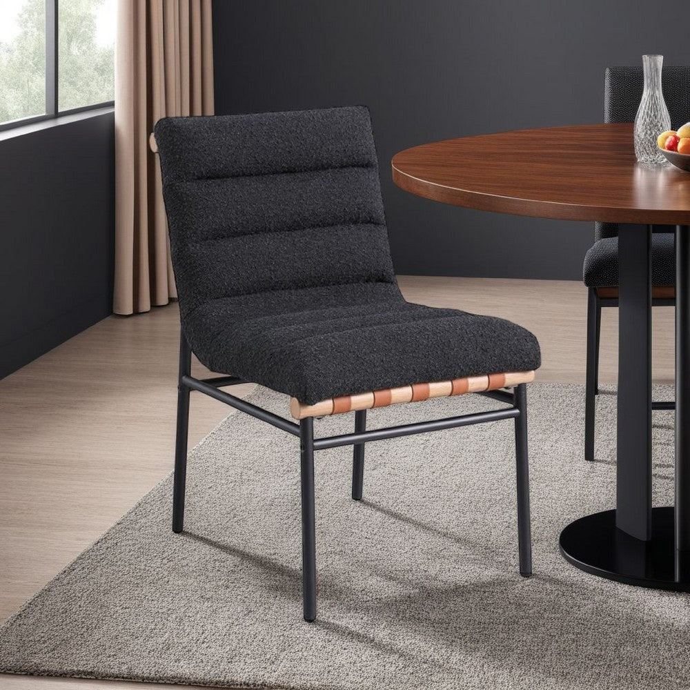 Benjara Kive Dining Chair Set of 2, Black Iron Legs, Gray Channel Tuft Boucle