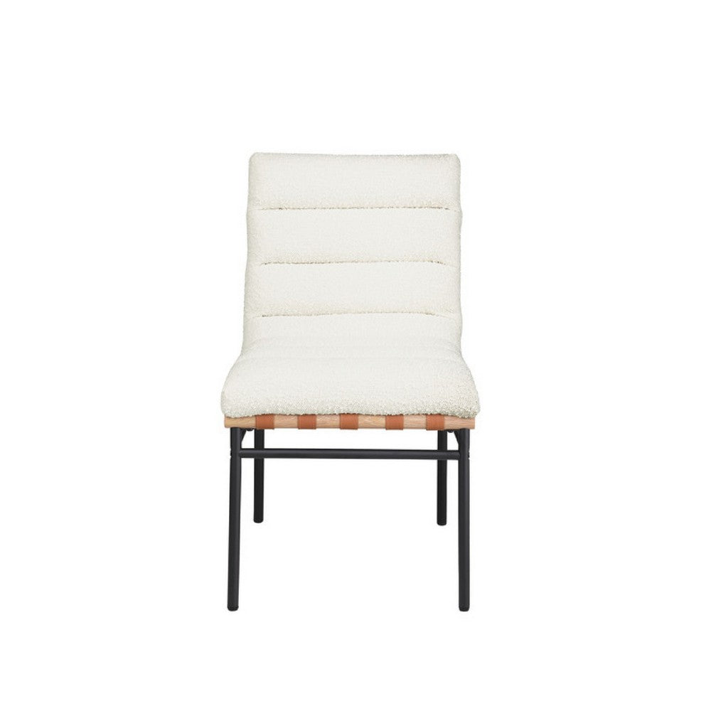 Benjara Kive Dining Chair Set of 2, Black Iron Legs, White Channel Tuft Boucle