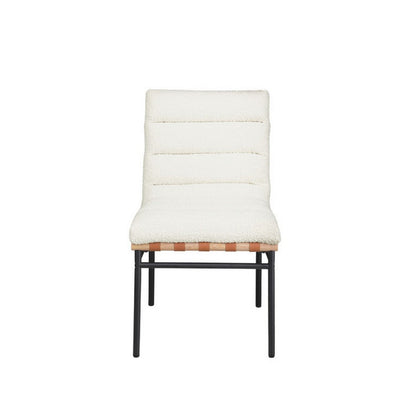 Benjara Kive Dining Chair Set of 2, Black Iron Legs, White Channel Tuft Boucle