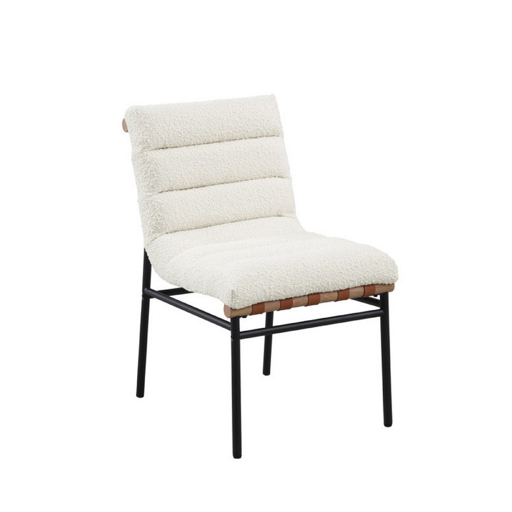 Benjara Kive Dining Chair Set of 2, Black Iron Legs, White Channel Tuft Boucle