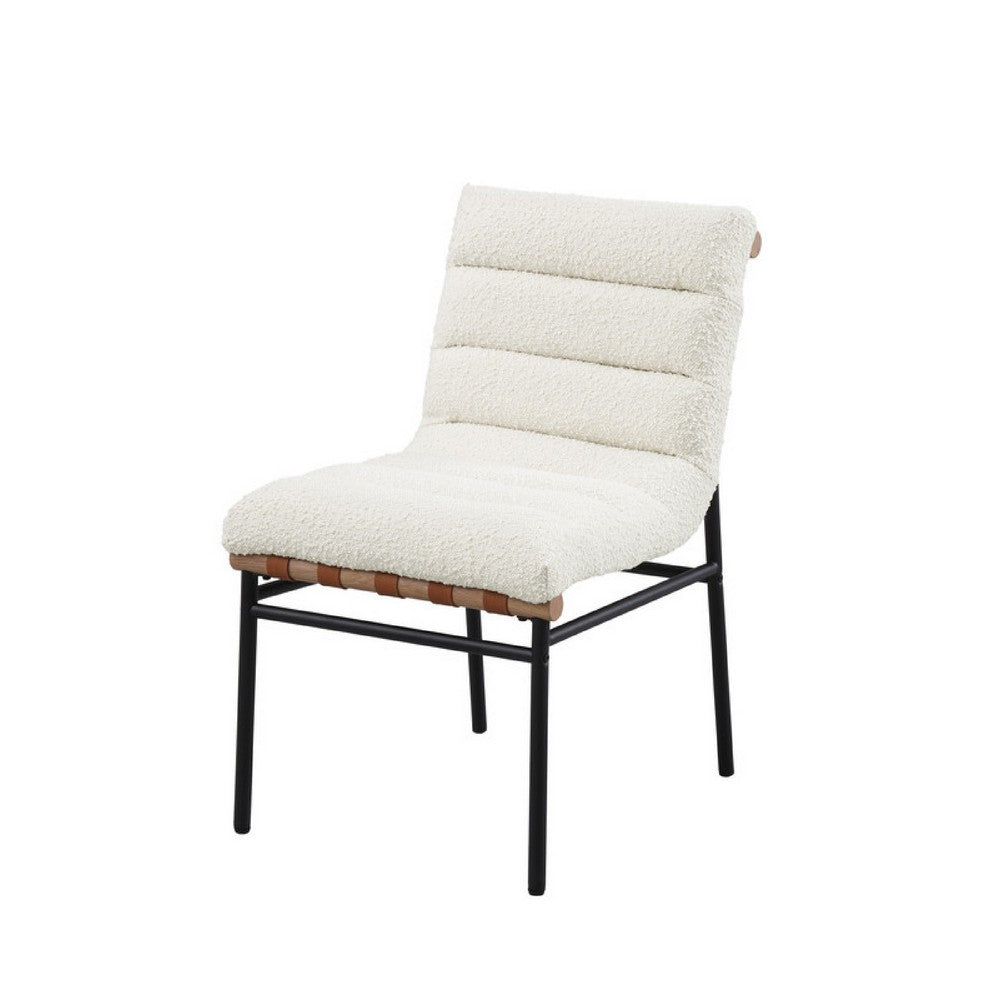 Benjara Kive Dining Chair Set of 2, Black Iron Legs, White Channel Tuft Boucle