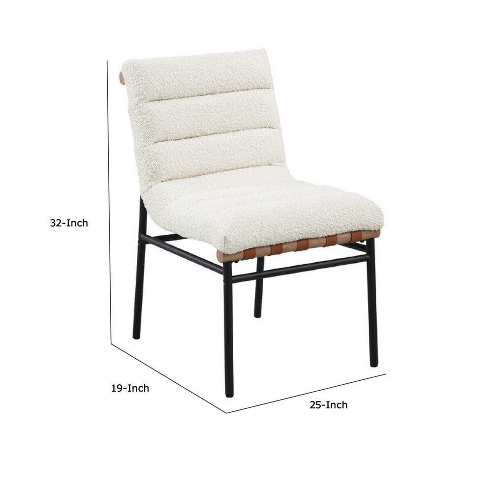 Benjara Kive Dining Chair Set of 2, Black Iron Legs, White Channel Tuft Boucle