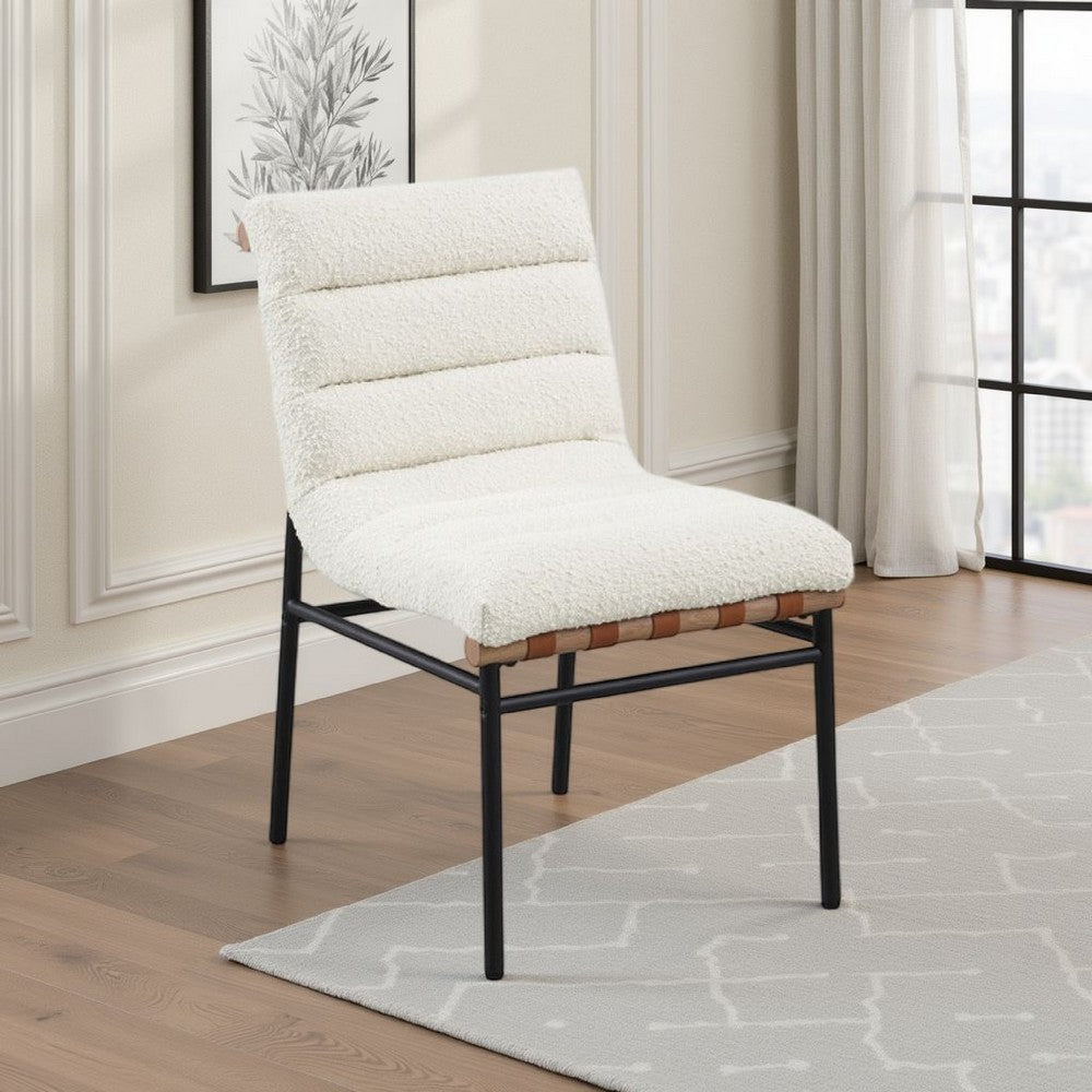 Benjara Kive Dining Chair Set of 2, Black Iron Legs, White Channel Tuft Boucle