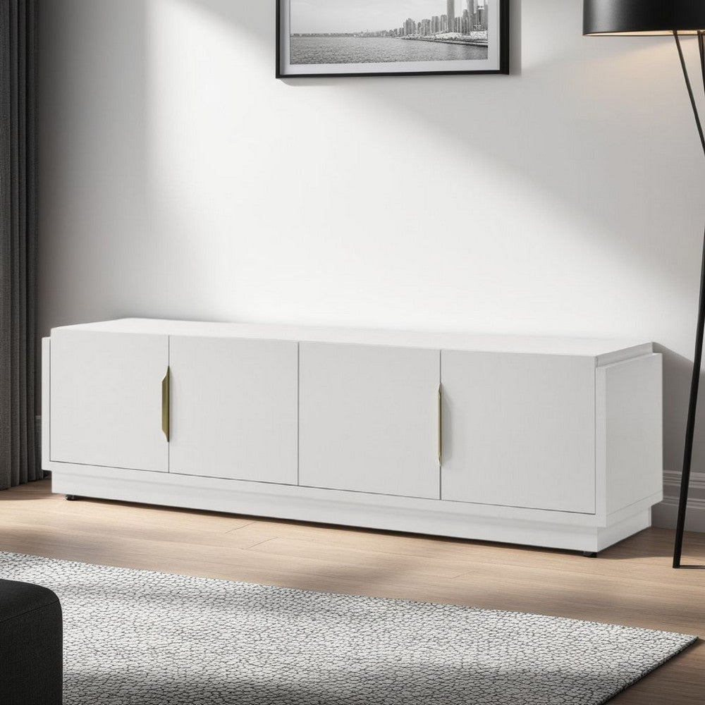 Benjara Penny TV Stand Media Cabinet, Adjustable Shelves, 4 Doors, White Wood