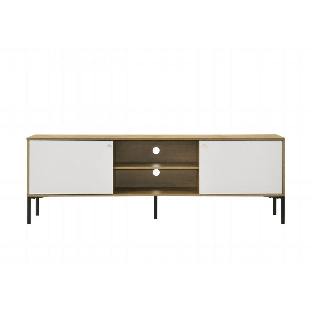 Benjara Brick TV Stand Cabinet with 2 Doors, Black Metal, White, Oak Brown