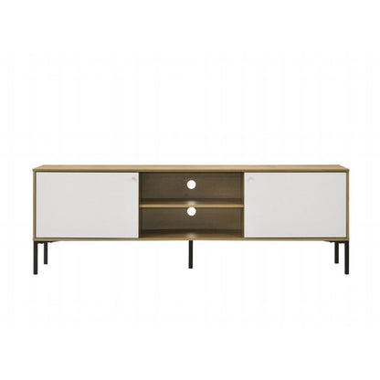 Benjara Brick TV Stand Cabinet with 2 Doors, Black Metal, White, Oak Brown