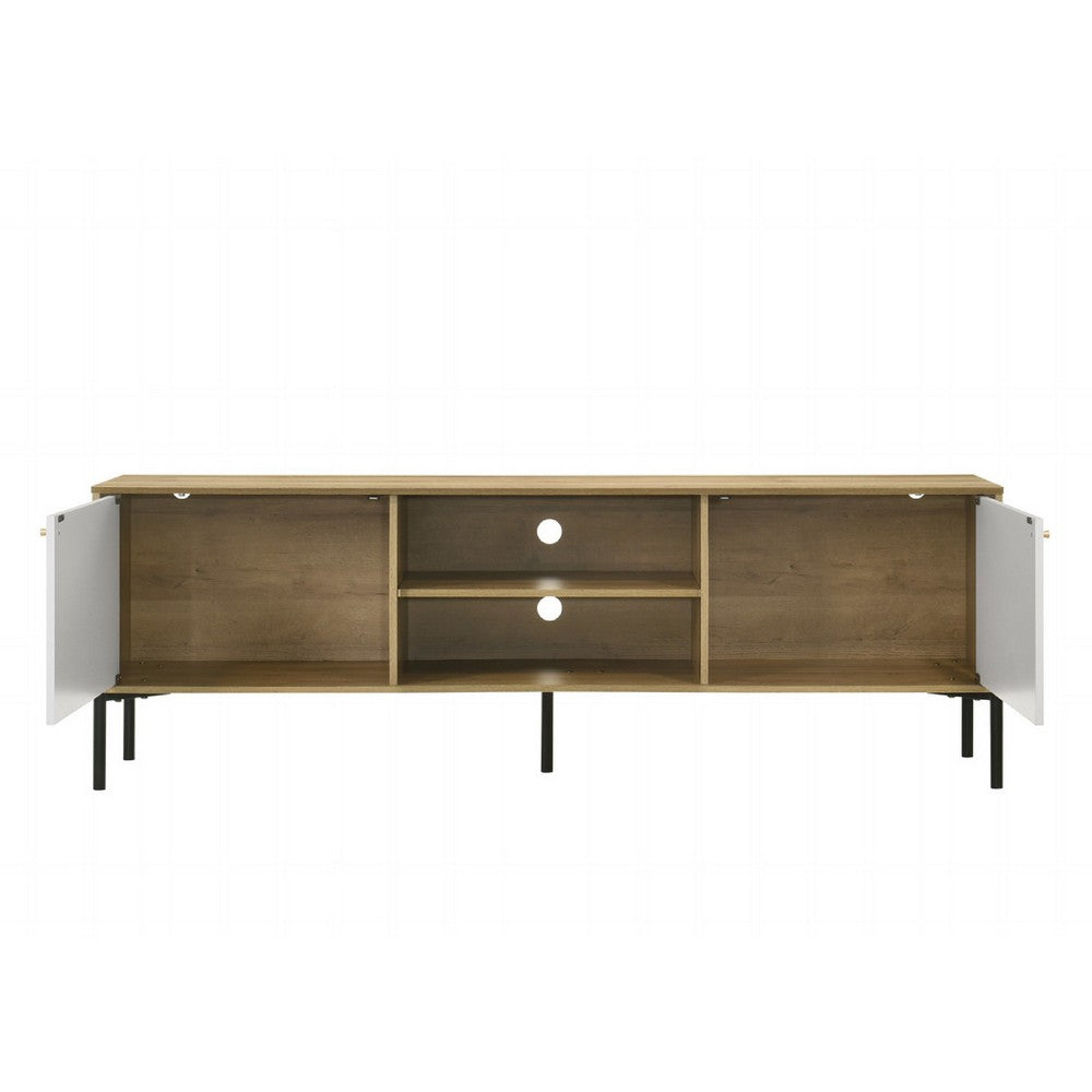 Benjara Brick TV Stand Cabinet with 2 Doors, Black Metal, White, Oak Brown