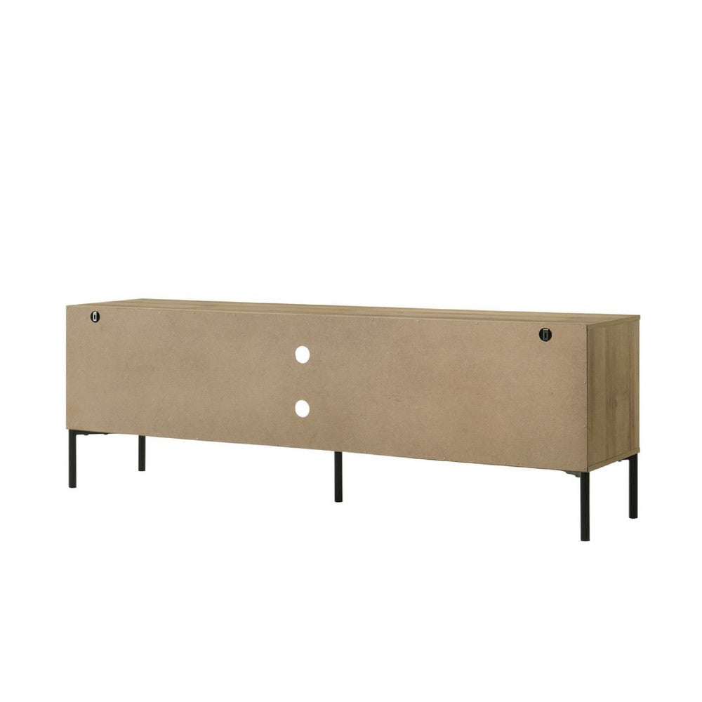 Benjara Brick TV Stand Cabinet with 2 Doors, Black Metal, White, Oak Brown