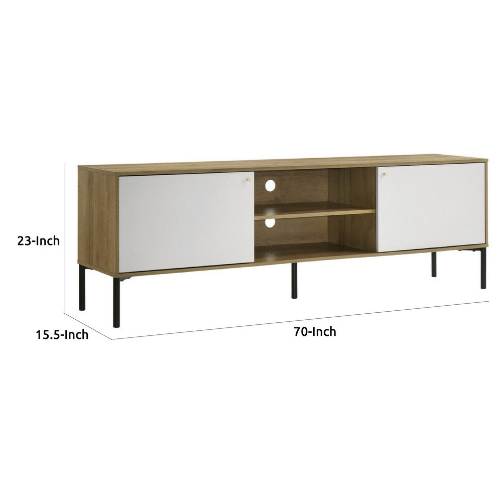 Benjara Brick TV Stand Cabinet with 2 Doors, Black Metal, White, Oak Brown