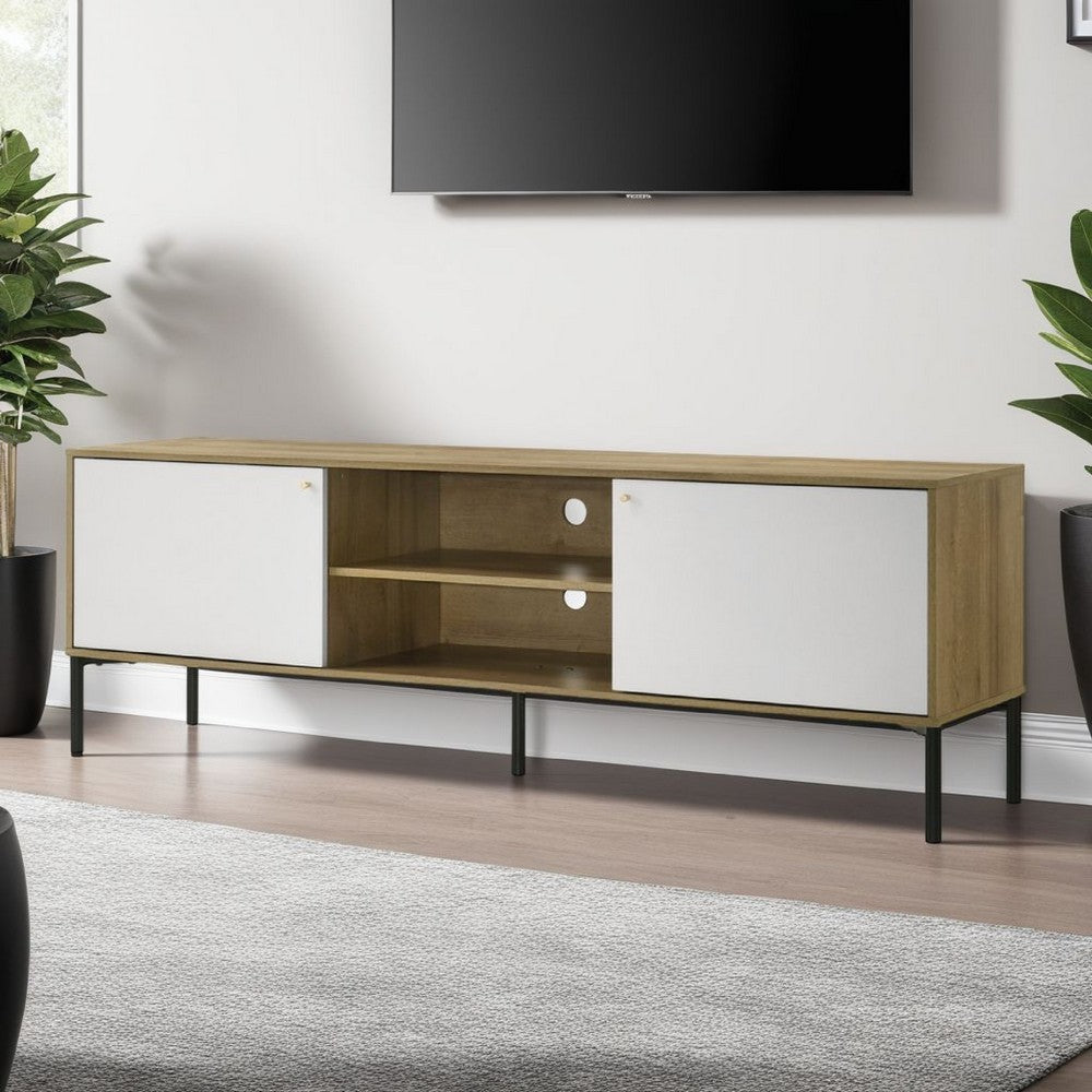 Benjara Brick TV Stand Cabinet with 2 Doors, Black Metal, White, Oak Brown