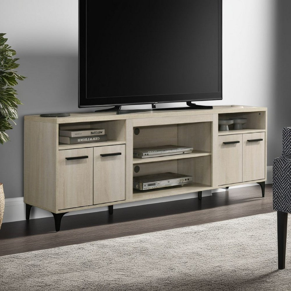 Benjara Evans TV Stand Media Cabinet, 4 Doors And Adjustable Shelf, Oak Brown
