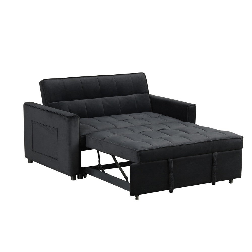 Benjara Marve Convertible Sleeper Loveseat, Side Pockets, Black Velvet 54 Inch