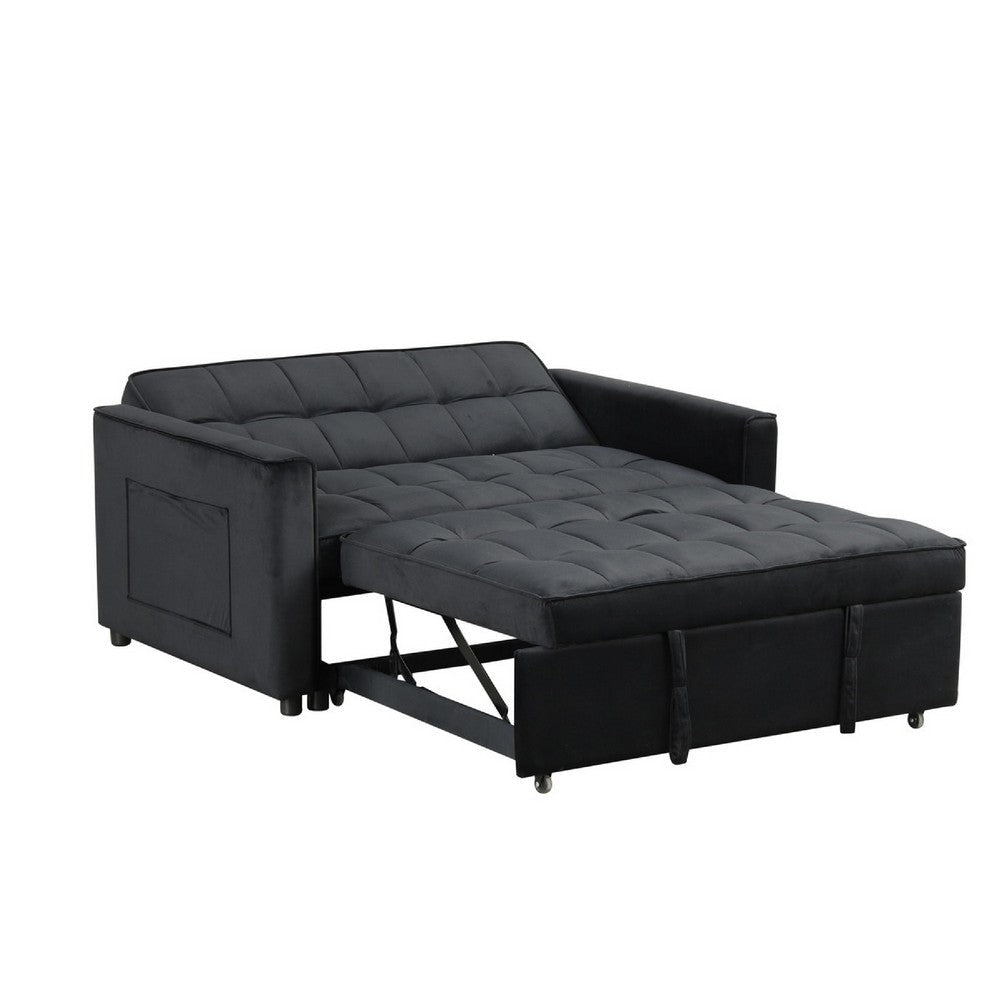 Benjara Marve Convertible Sleeper Loveseat, Side Pockets, Black Velvet 54 Inch
