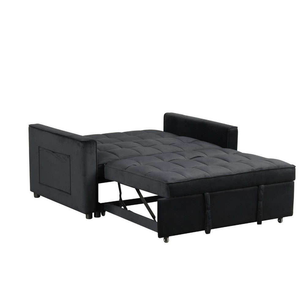 Benjara Marve Convertible Sleeper Loveseat, Side Pockets, Black Velvet 54 Inch