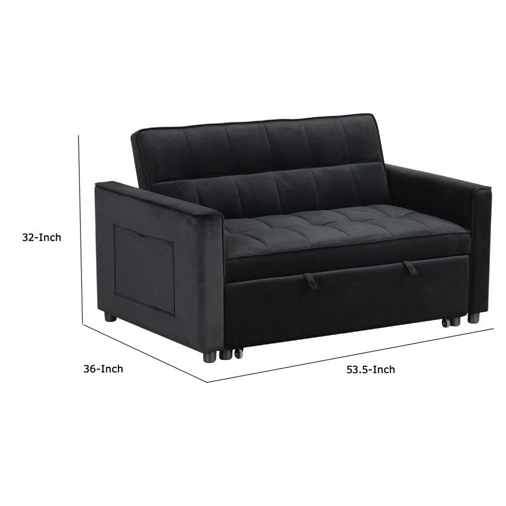 Benjara Marve Convertible Sleeper Loveseat, Side Pockets, Black Velvet 54 Inch