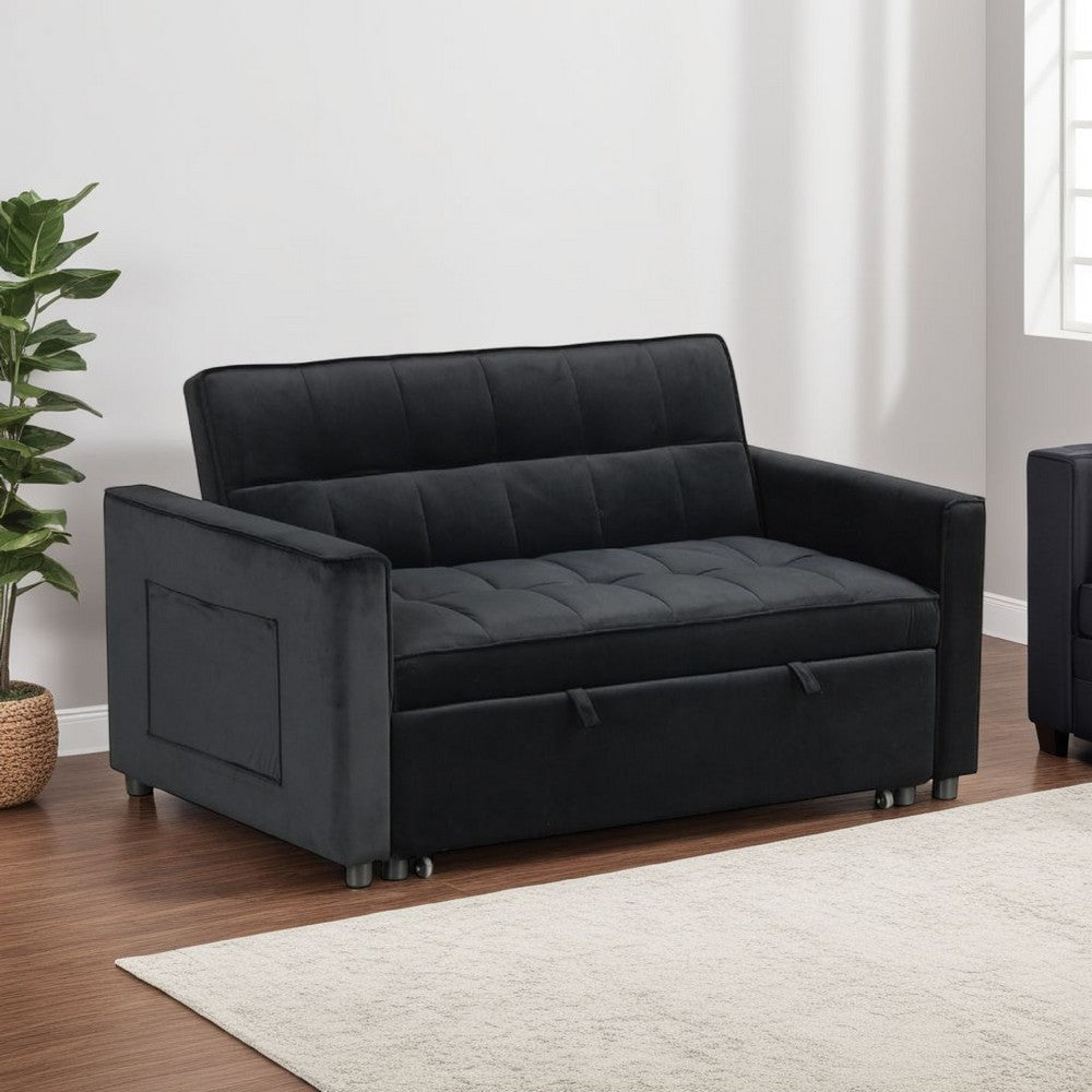 Benjara Marve Convertible Sleeper Loveseat, Side Pockets, Black Velvet 54 Inch