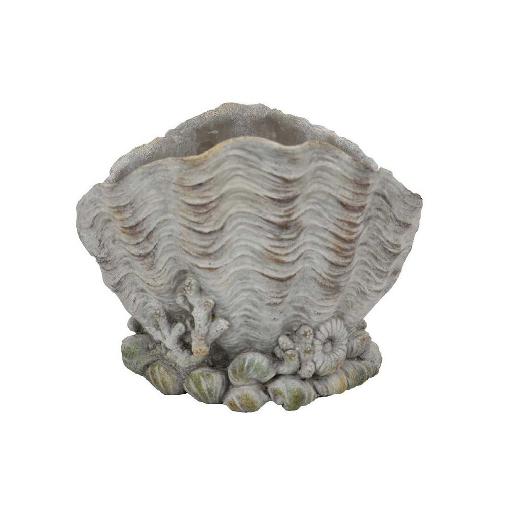 Benjara Coastal Clam Shell Planter w Coral Accents, Weathered Gray Terracotta