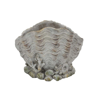 Benjara Coastal Clam Shell Planter w Coral Accents, Weathered Gray Terracotta