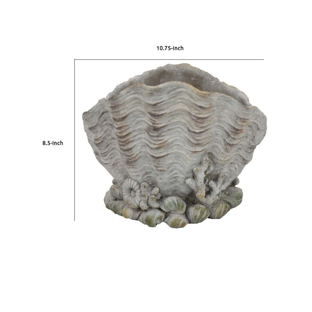 Benjara Coastal Clam Shell Planter w Coral Accents, Weathered Gray Terracotta