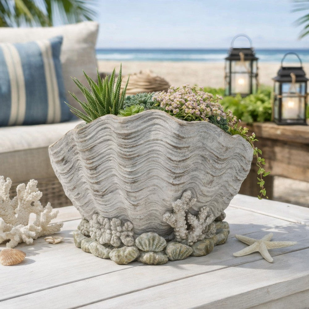 Benjara Coastal Clam Shell Planter w Coral Accents, Weathered Gray Terracotta