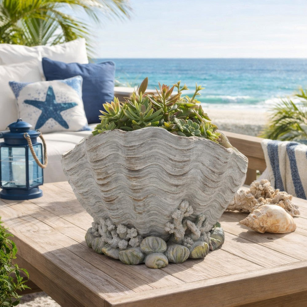 Benjara Coastal Clam Shell Planter w Coral Accents, Weathered Gray Terracotta