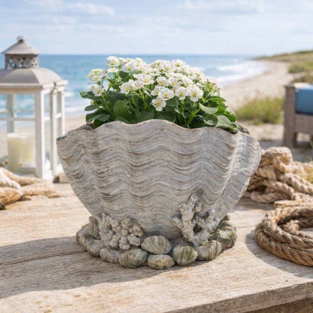 Benjara Coastal Clam Shell Planter w Coral Accents, Weathered Gray Terracotta
