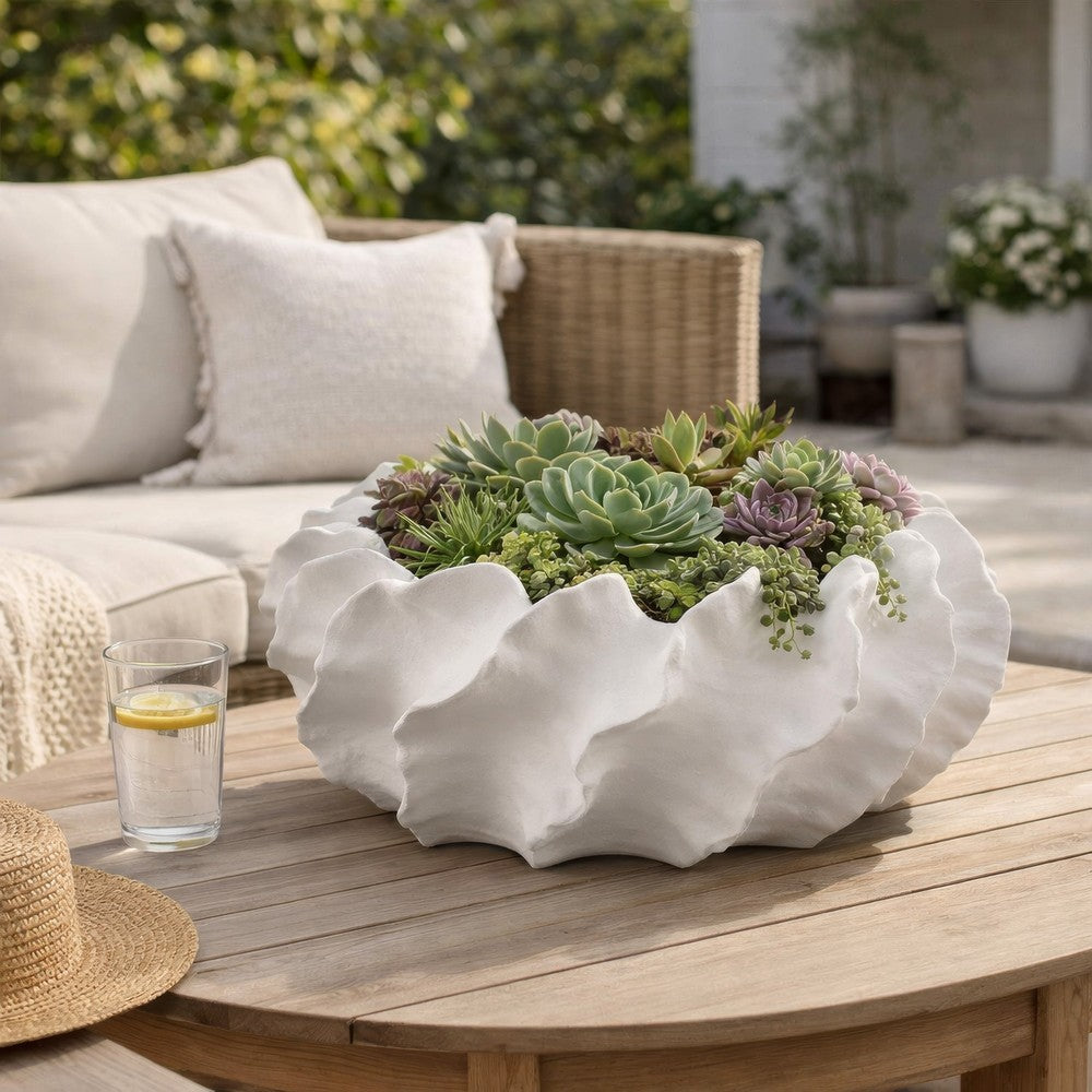 Benjara Velz Decorative Planter, 16 Inch Wavy Edge, Matte White Ceramic