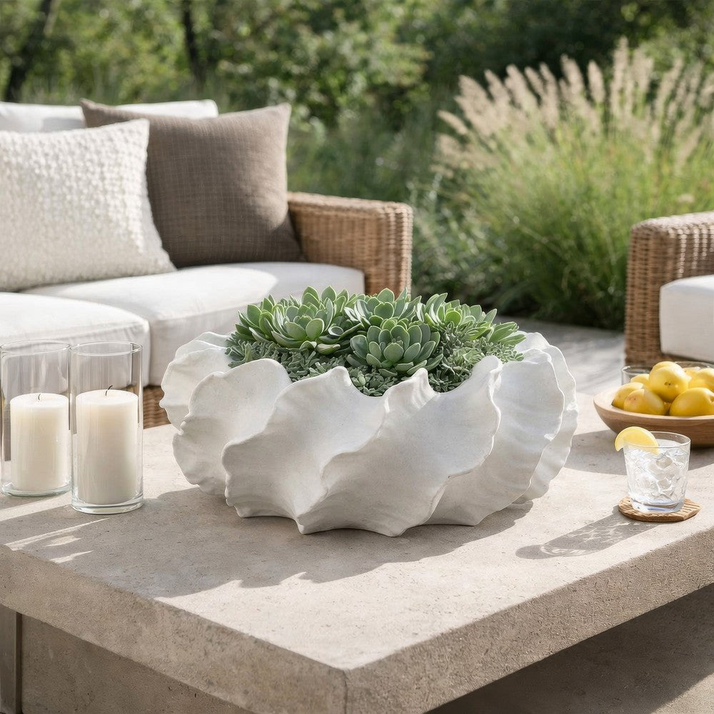 Benjara Velz Decorative Planter, 16 Inch Wavy Edge, Matte White Ceramic