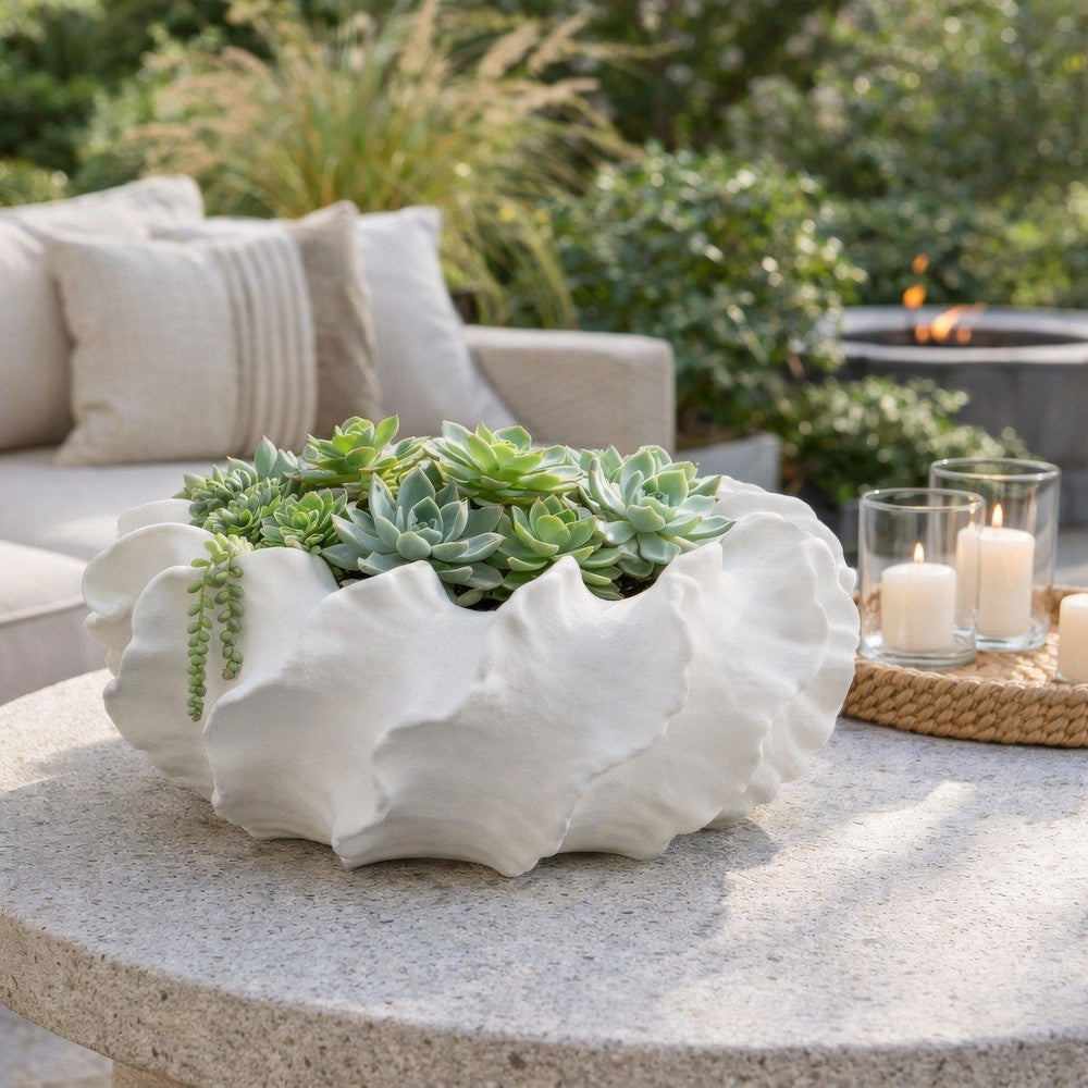 Benjara Velz Decorative Planter, 16 Inch Wavy Edge, Matte White Ceramic