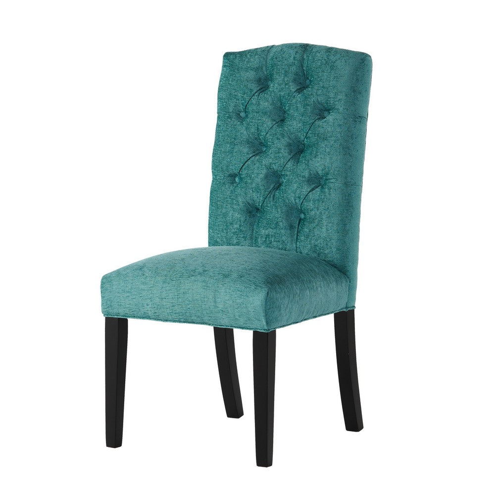 Benjara Elona Dining Chair Set of 2, Green Polyester, Dark Brown Solid Wood