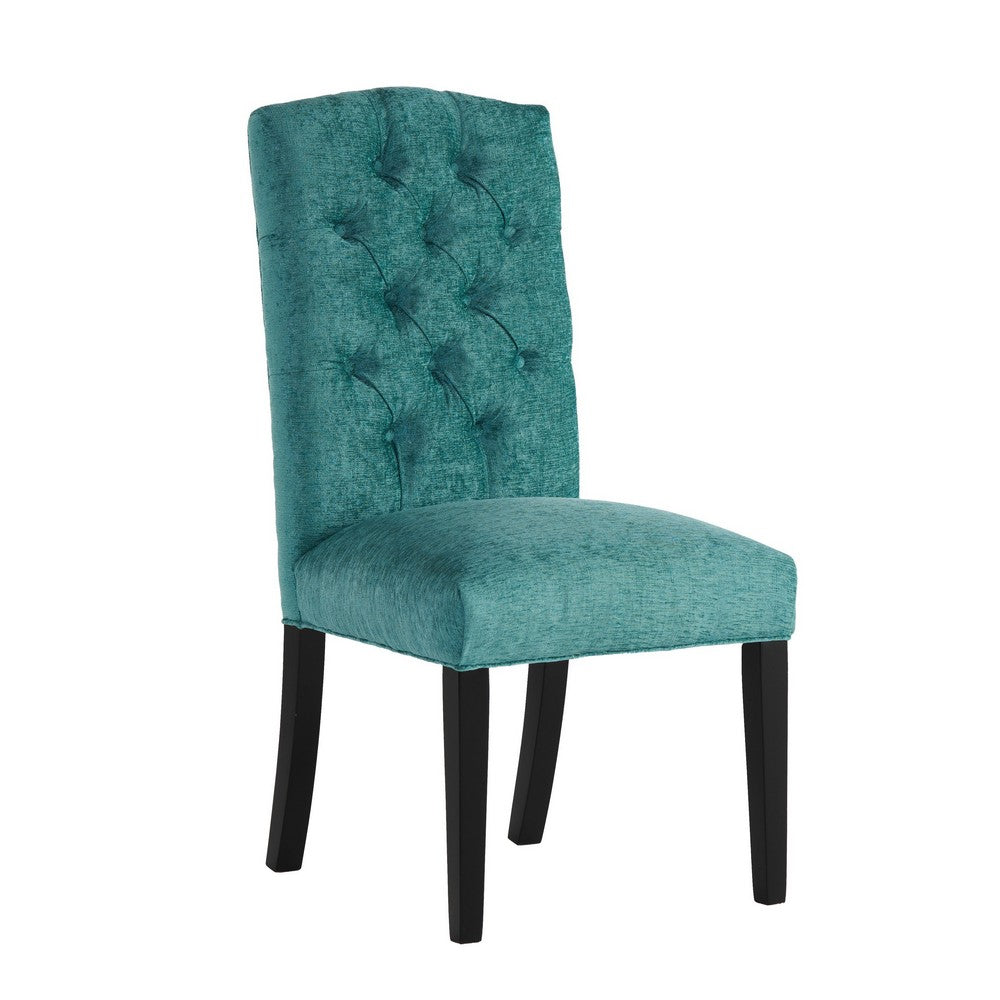 Benjara Elona Dining Chair Set of 2, Green Polyester, Dark Brown Solid Wood