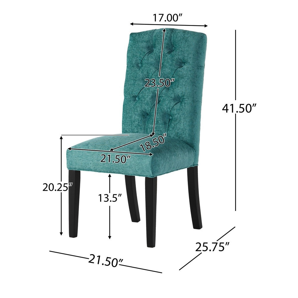 Benjara Elona Dining Chair Set of 2, Green Polyester, Dark Brown Solid Wood