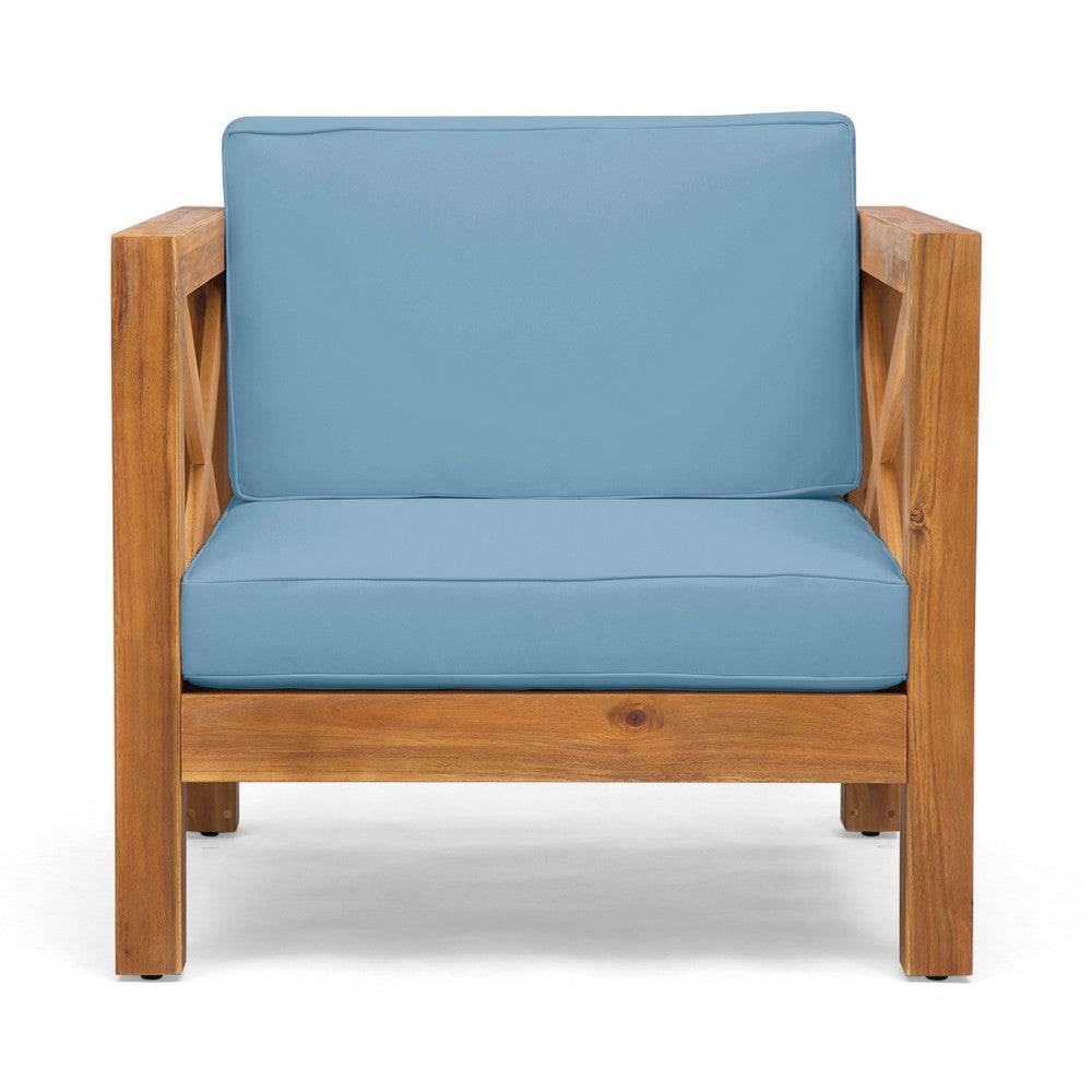 Benjara Juna Outdoor Accent Club Chair, Teak Brown Acacia Wood, Blue Fabric