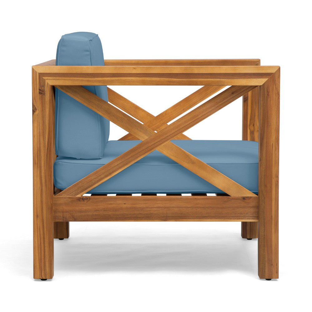 Benjara Juna Outdoor Accent Club Chair, Teak Brown Acacia Wood, Blue Fabric
