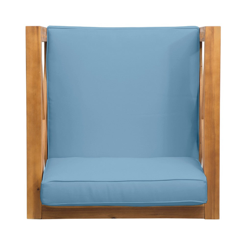 Benjara Juna Outdoor Accent Club Chair, Teak Brown Acacia Wood, Blue Fabric