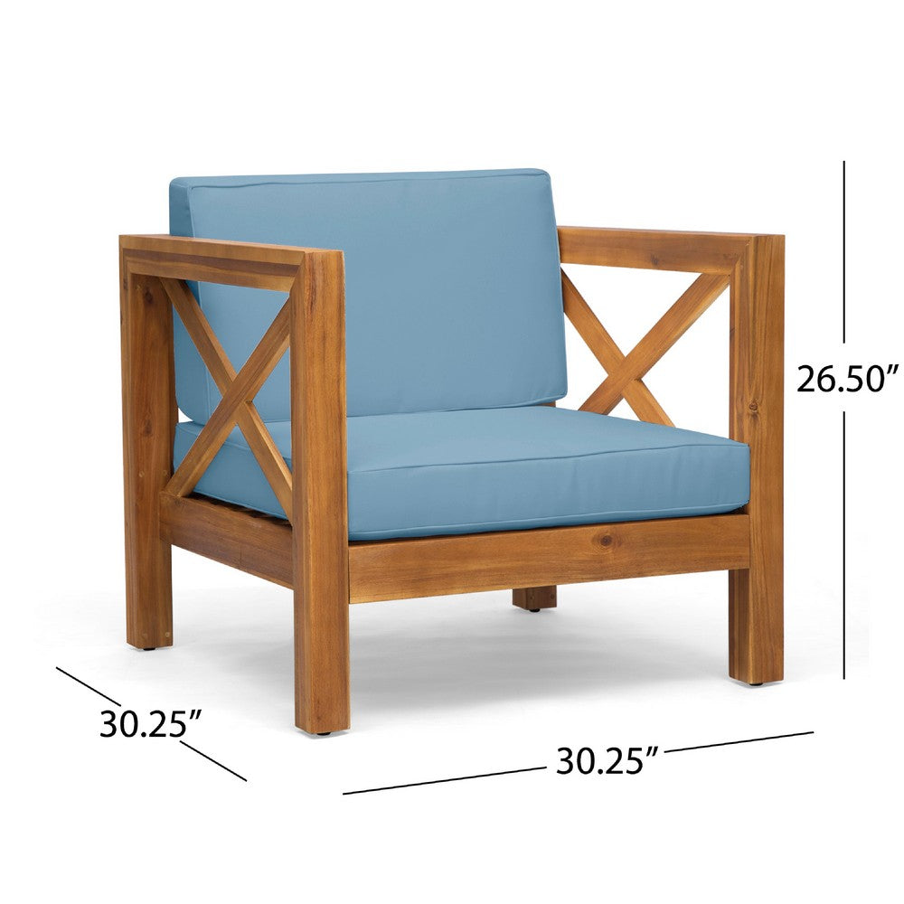 Benjara Juna Outdoor Accent Club Chair, Teak Brown Acacia Wood, Blue Fabric