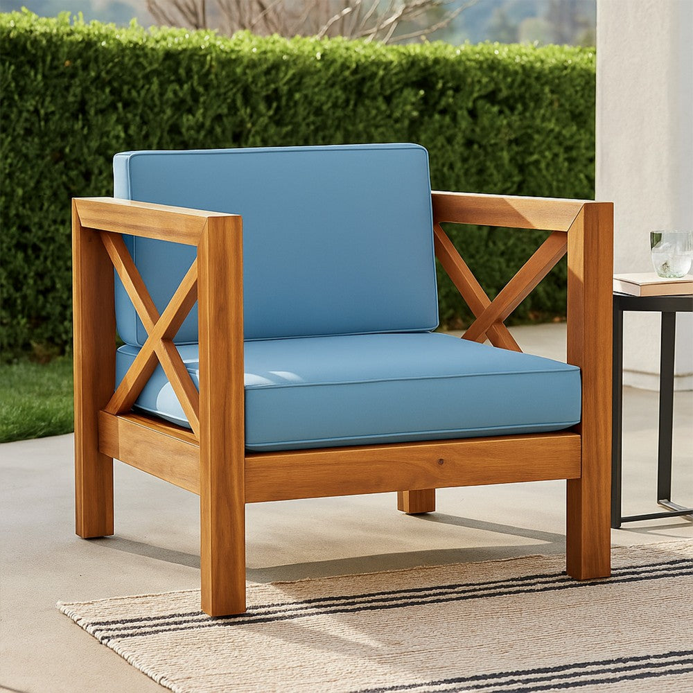 Benjara Juna Outdoor Accent Club Chair, Teak Brown Acacia Wood, Blue Fabric