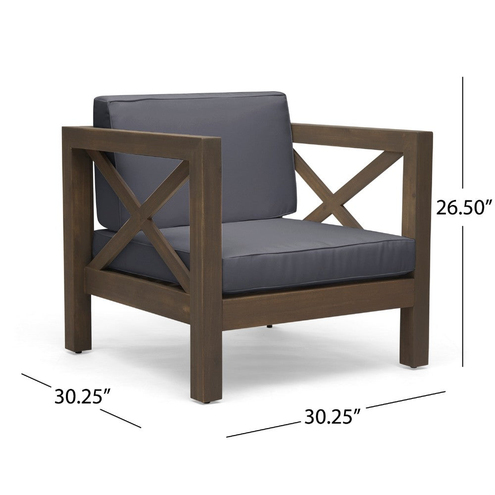 Benjara Juna Outdoor Club Chair, Charcoal Gray Water-Resistant Fabric, Acacia