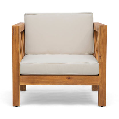 Benjara Juna Outdoor Club Chair, Beige Water-Resistant Fabric, Teak Brown Wood